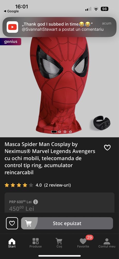 Masca Spider-man cu ochi mobili, telecomanda tip inel