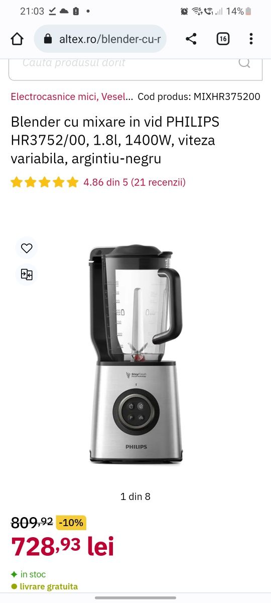 Blender cu mixare in vid PHILIPS HR3752/00, 1.8l, 1400W, viteza variab