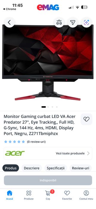 Monitor gaming Acer Predator z271 27 inch cu tobii eyetracking,