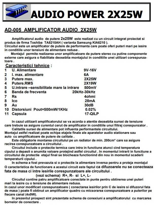 Amplificator AD 005 2 x 25 W Toshiba TA8210AH placa modul