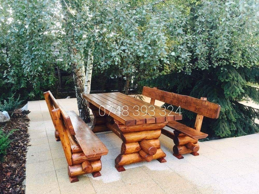 Set de masa cu bănci și scaune din lemn masiv