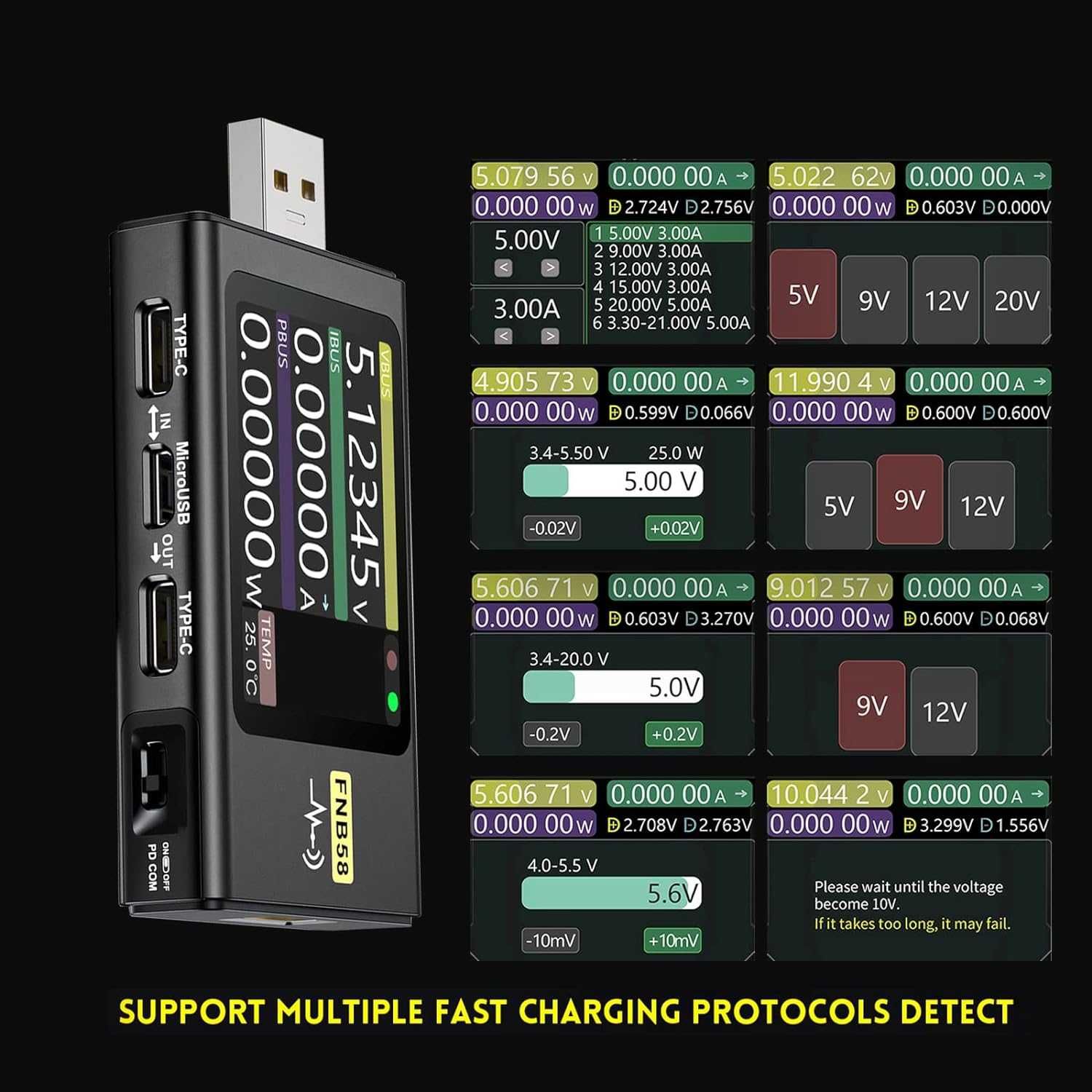 USB тестер FNIRSI FNB58 Измерване на напрежение и ток