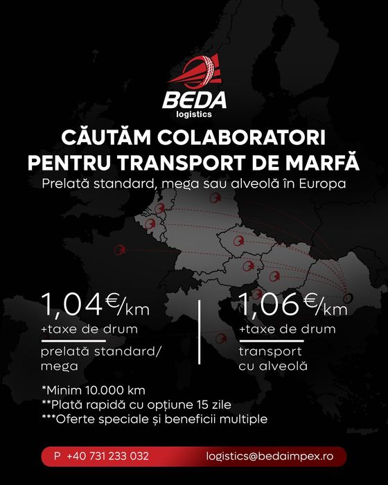 Colaborare transport marfă prelată/mega/alveolă - rute internaționale
