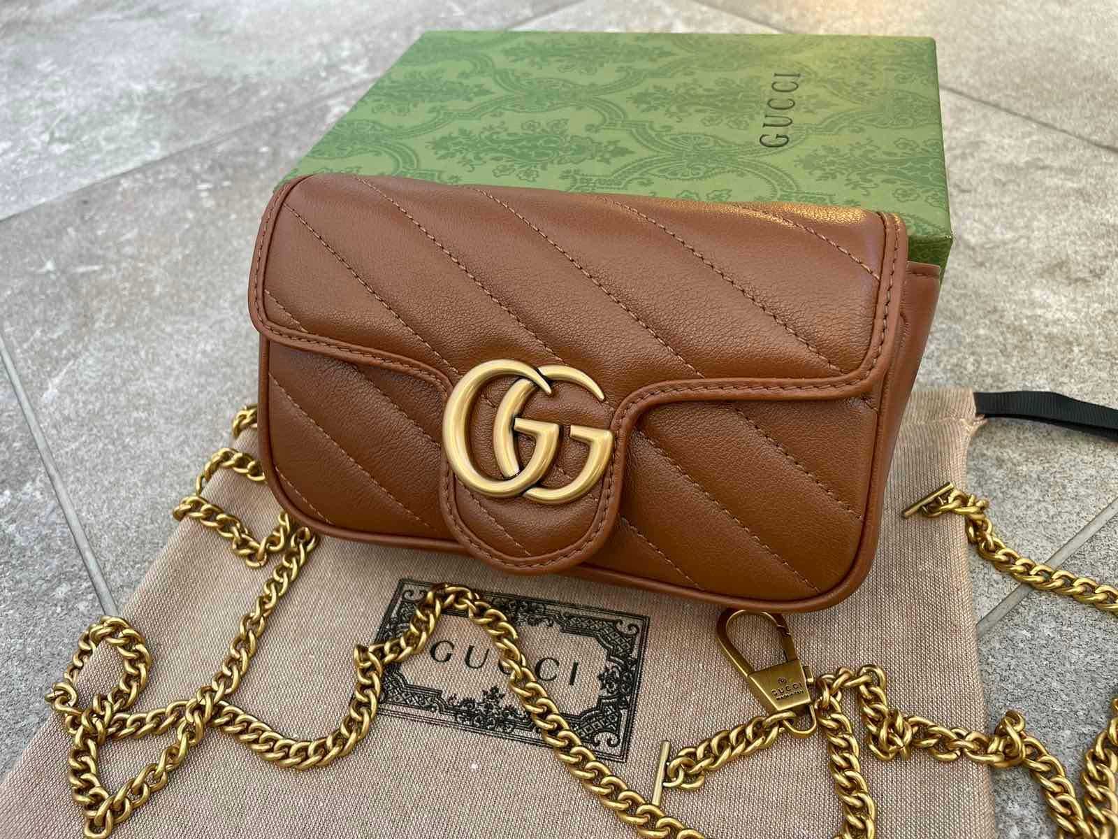 Gucci Чанта Marmont Супер мини Гучи Кафява кожa Златно Лого Оригинална