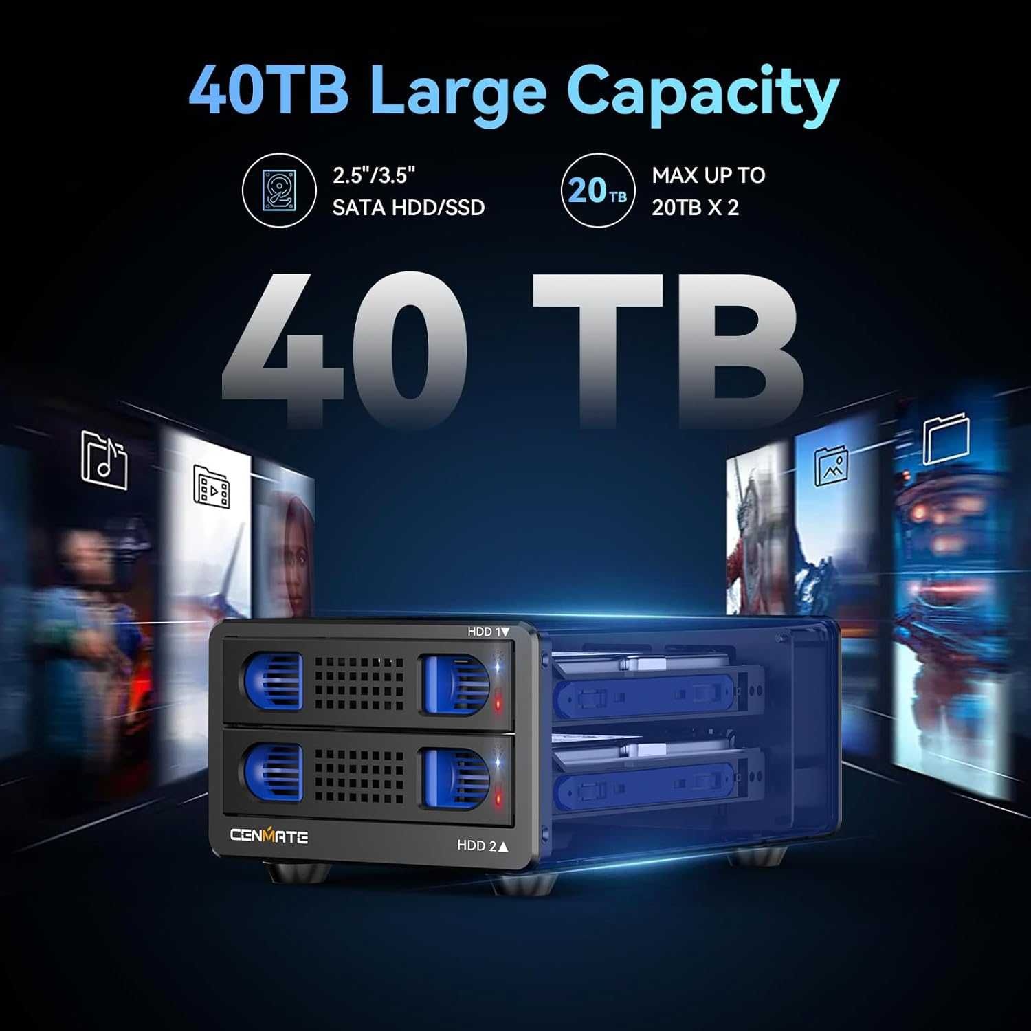 Кутия за твърд диск с 2 слота и вентилатор за 2.5/3.5 SATA