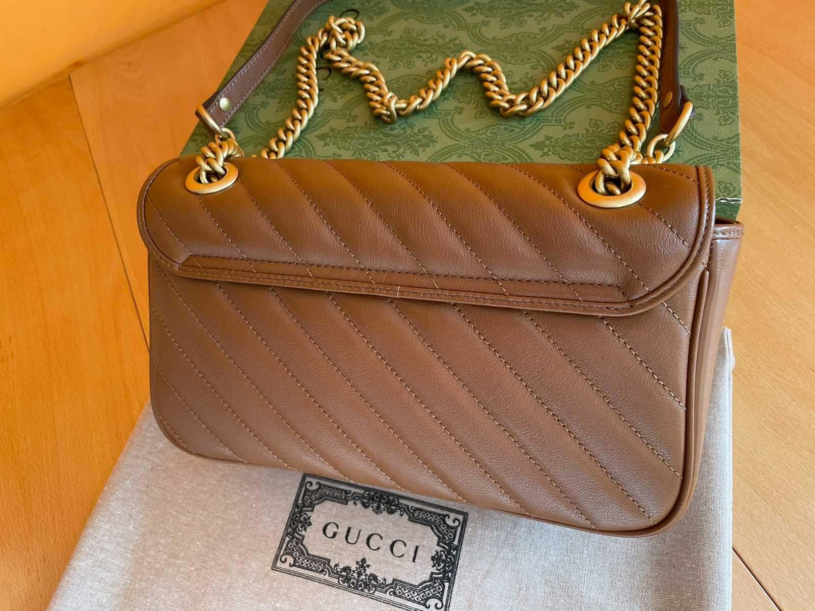 Чантa Гучи Оригинална Златна Дръжка GG Лого Marmont Кафява Кожа Gucci