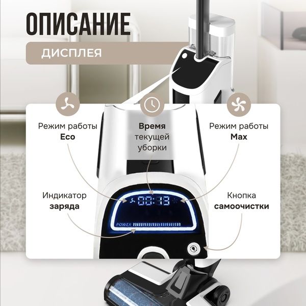 Моющий пылесос беспроводной вертикальный для дома Voksbot T36-A, сухая