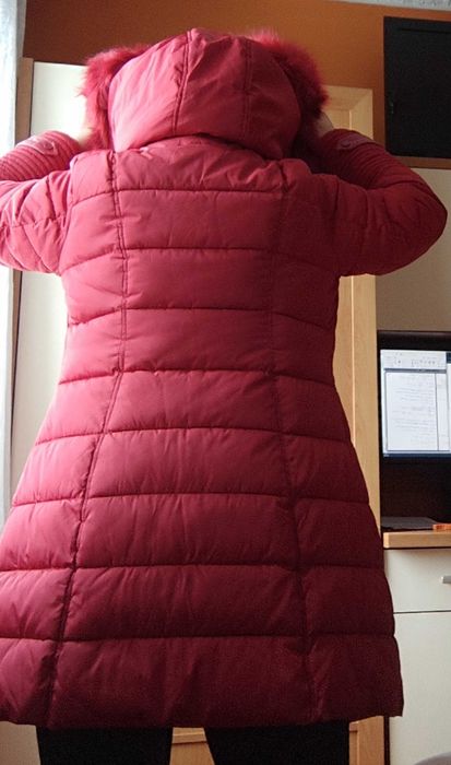 Дамско зимно яке с качулка, естествен косъм, цвят бордо от шушляк,3XL