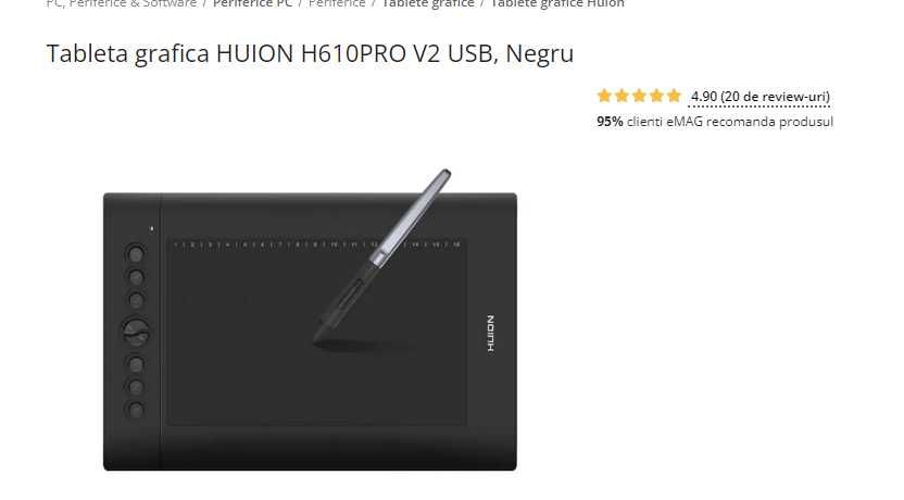 Tableta grafica HUION H610PRO V2 USB, Negru