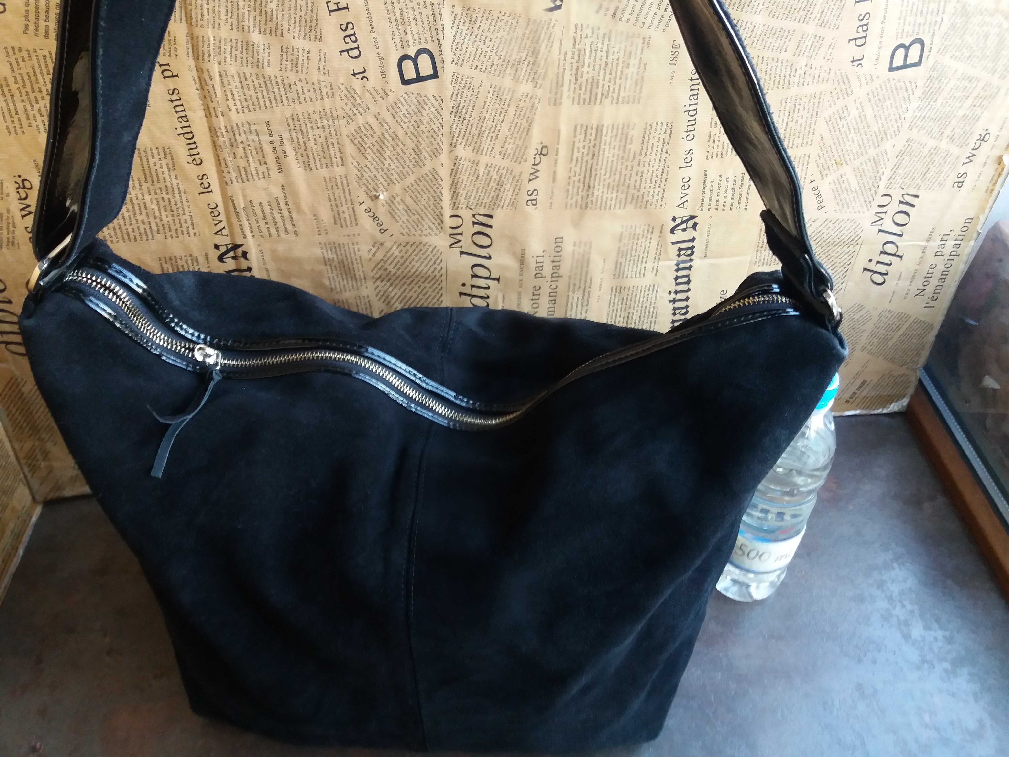 черна велурена чанта,торба-естествена кожа