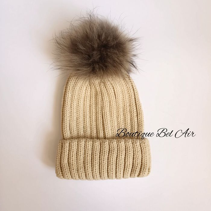 Зимна шапка с помпон от естествен косъм, зимна шапка, естествен пух