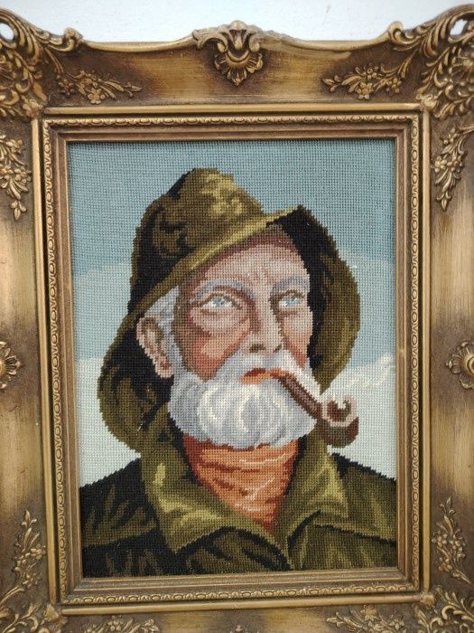 Superb goblen antic bătrânel cu pipa încadrat într-o ramă din lemn mas