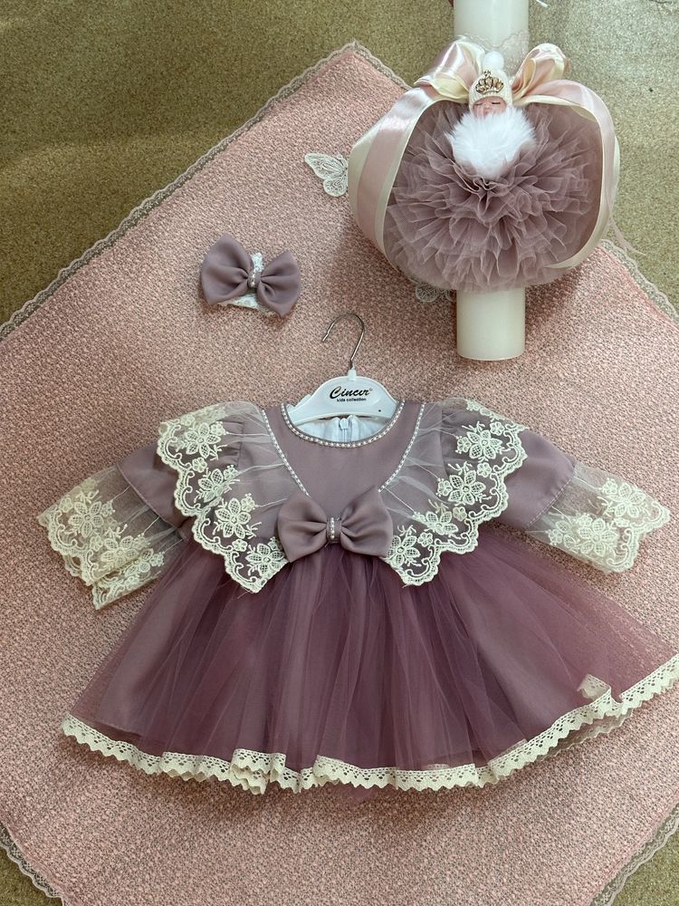 Rochie de fetita cu dantela si bentita 3-6-9-12 luni