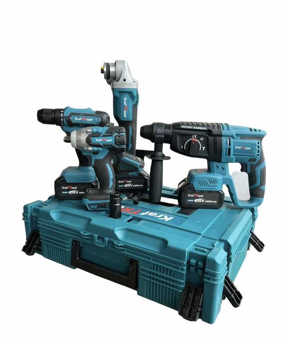 Комплект от акумулаторен перфоратор, ъглошлайф 125 мм, гайковерт