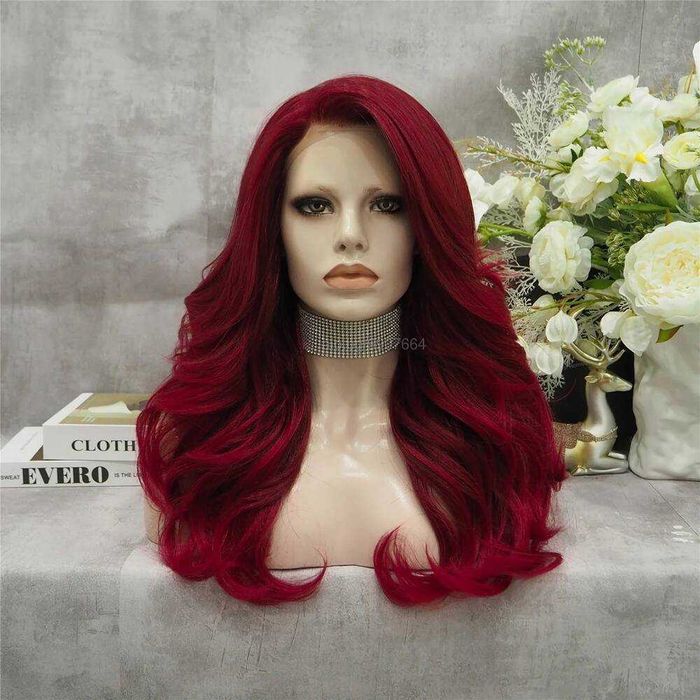 Луксозна бордо бургунди перука с дълбоки вълни и дантела лейс фронт