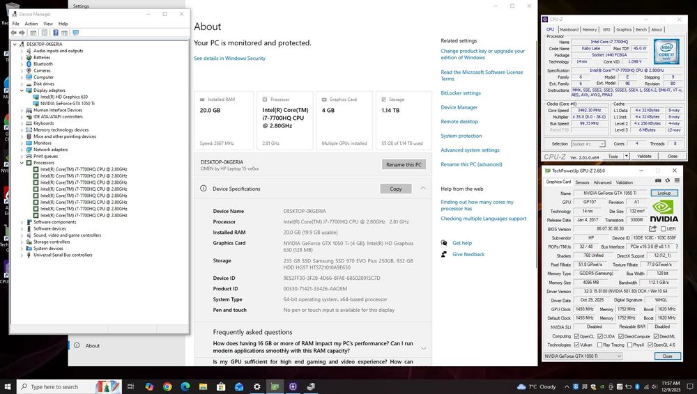 Laptop Gaming HP Omen / i7-7700HQ/ GTX 1050Ti/ 20 Gb Ram / SSD+HDD