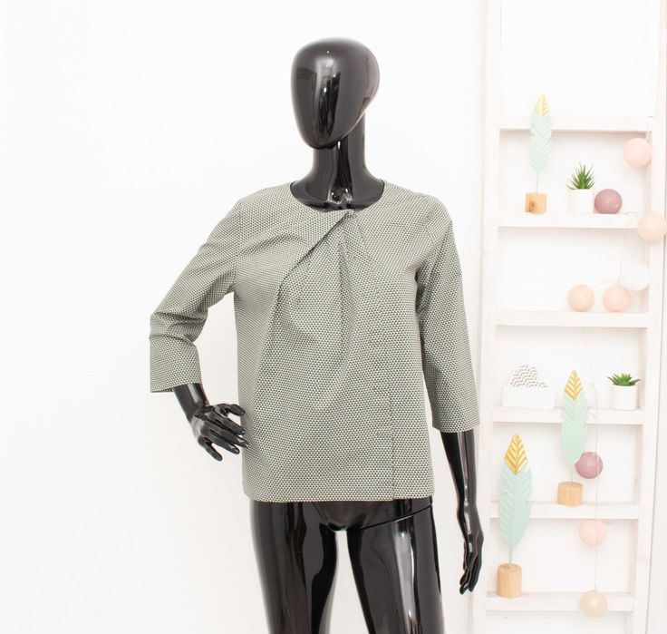 COS дамска блуза с 3/4 ръкав сиво бяло принт памук 36 S