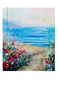 Картина маслом. "Морское побережье". Море, горы, цветы.