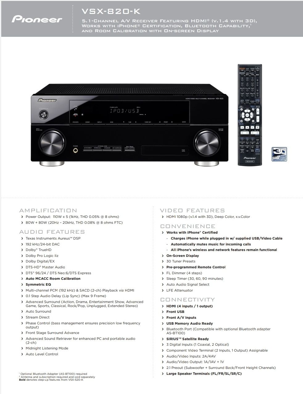 Amplificator Receiver Stație Pionner VSX 820K HDMI 3D 4K Bluetooth