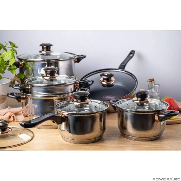 Set 6 oale cu capac, manare negre, 16/16/18/20/24/24 cm, inox,