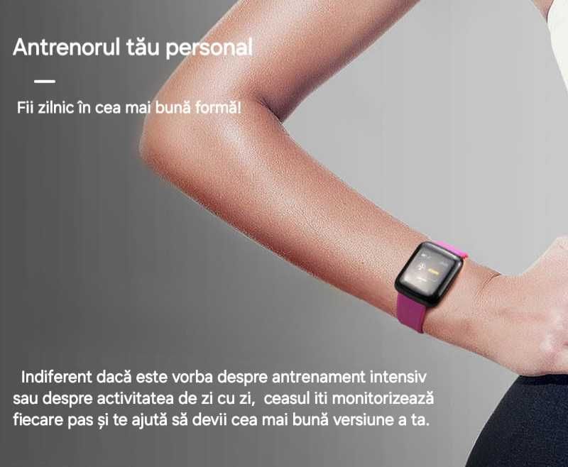 Smart watch bluetooth. Zeci de funcții fitness&sănătate. Mov. Pătrat.