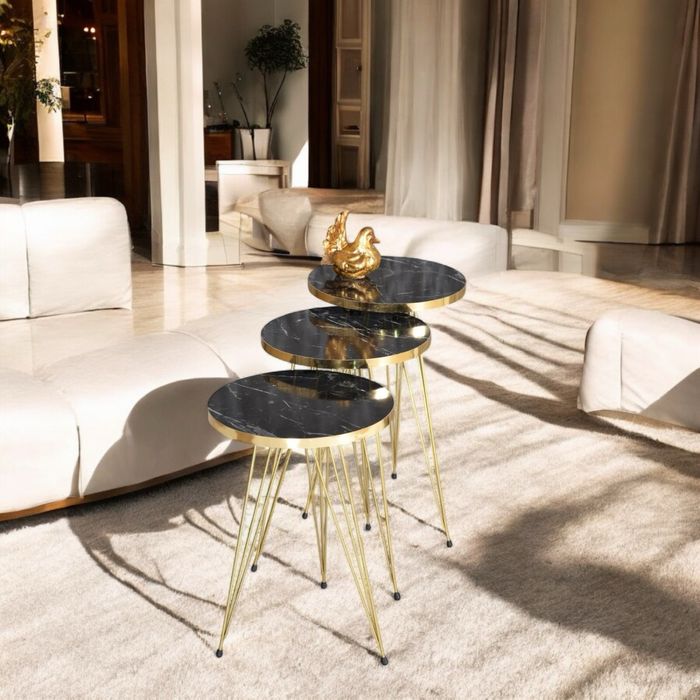 Комплект 3 маси за кафе, помощна масичка - черно/ златно