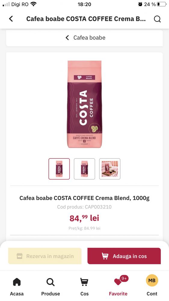 Costa Caffe Crema Blend cafea boabe 1 kg (transport gratuit)