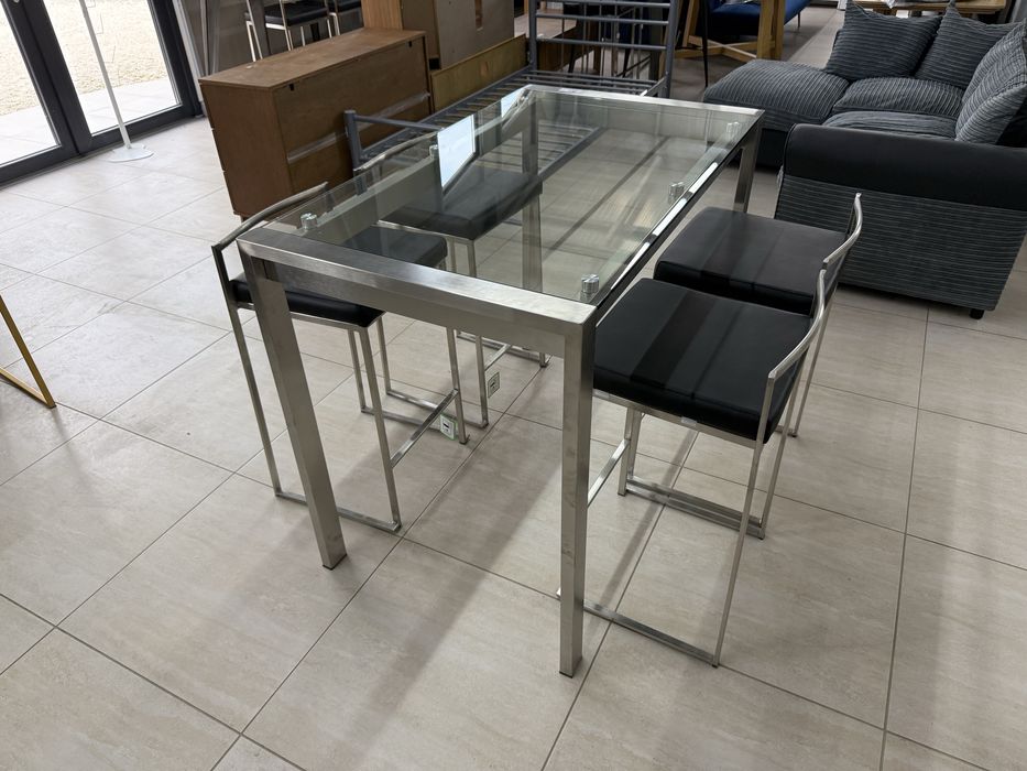 Set masă de bar din oțel inoxidabil cu 4 scaune incluse