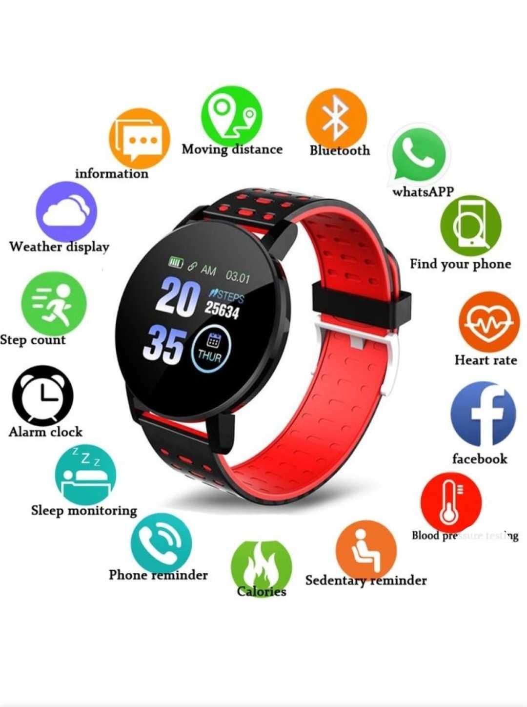 Smartwatch cu zeci de funcții. Apel/Mesaje/Sport/Sănătate. Roșu&Negru.