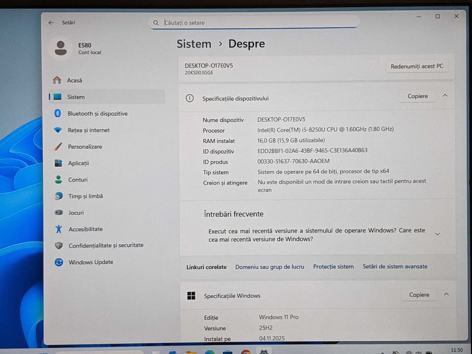 Laptop Lenovo ThinkPad E580, Intel Core i5-8250U, ssd 256Gb, ram 16Gb