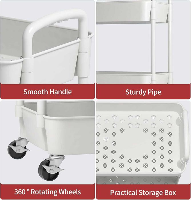 Количка с колела, 3 рафта, 39 x 29 x 76 см, пластмаса/метал, бяла