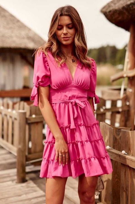 Миди рокля с подвързани ръкави - Розова