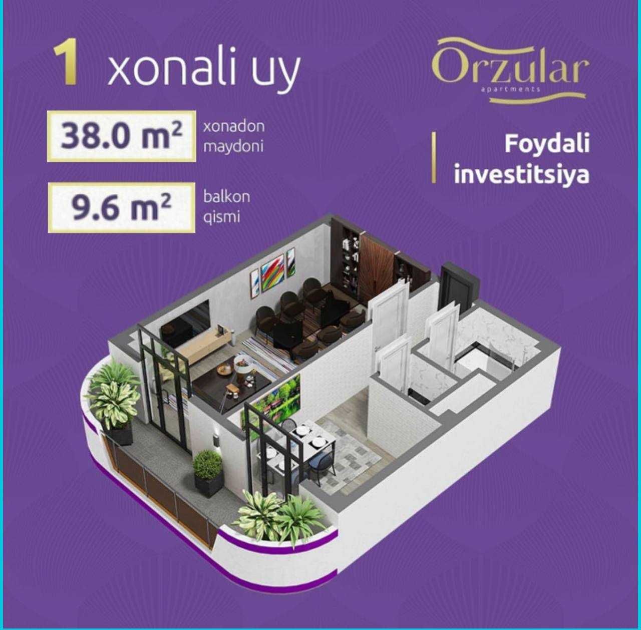 Новостройка в ЖК "Orzular" 1/7/17 черновая отделка 48 кв.м. =