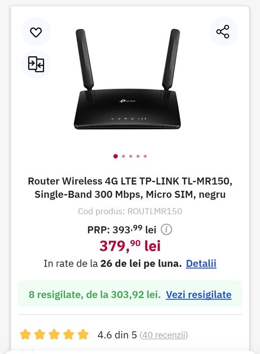 Router Wireless 4G LTE TP-LINK TL-MR150, Single-Band 300 Mbps