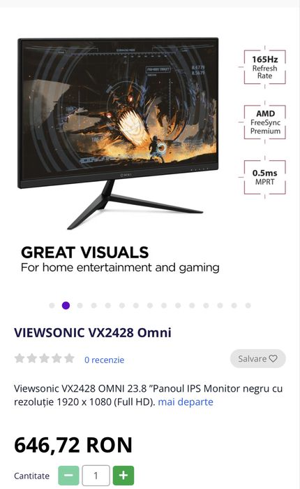 Monitor Viewsonic Gaming 165hz 0.5ms