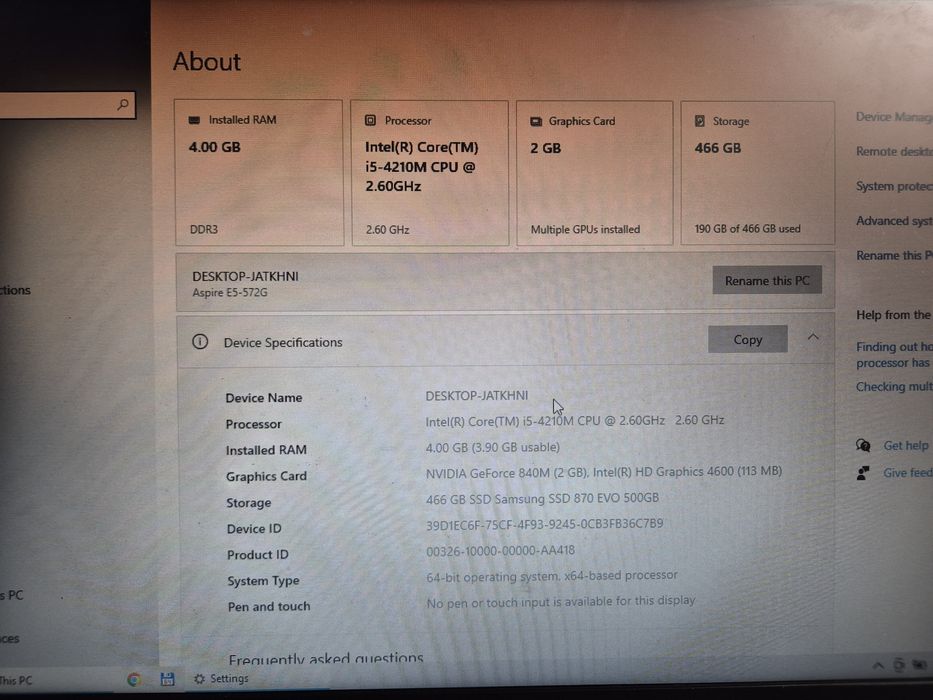 Laptop Acer Aspire E15 intel i5 nVidia 500gb ssd 4GB RAM