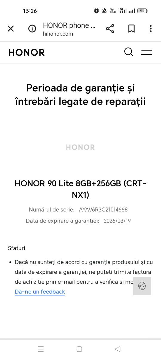 Honor 90 Lite 256 Gb in Garanție