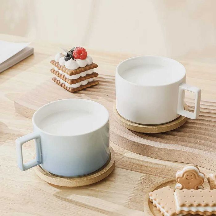 Set ceașcă de cafea ceramică & farfurie lemn Henten Home (310 ml),ceai