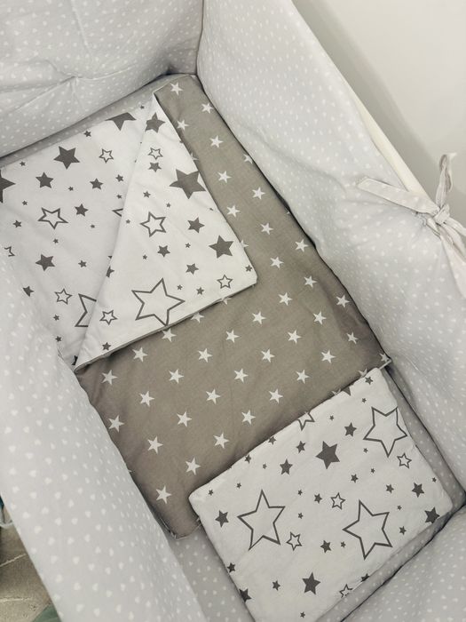 Pătuț co-sleeping alb + saltea cocos + lenjerie + set plapumă & pernă