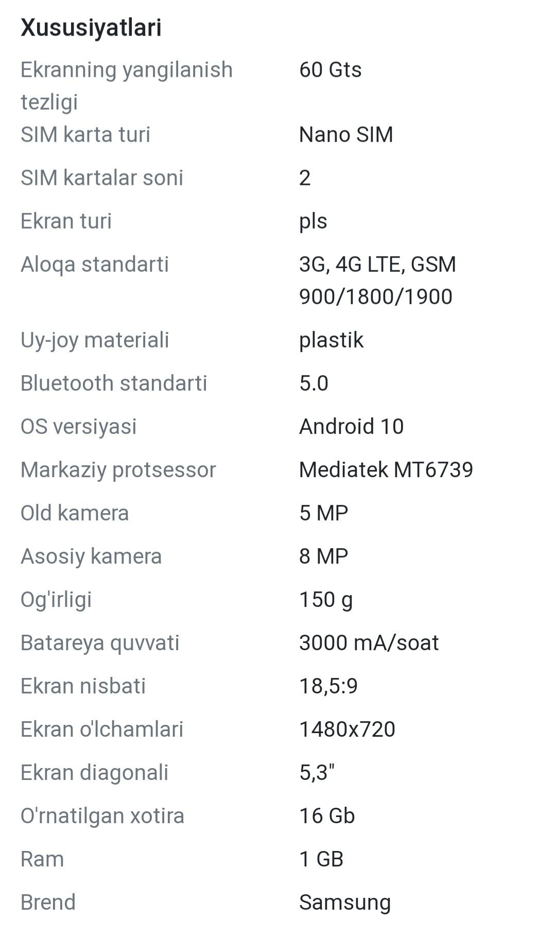 Tel sotiladi Samsung Galaxy A01 core Dual sim