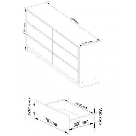 Comodă cu 6 sertare, 160cm, Alb Mat/Stejar