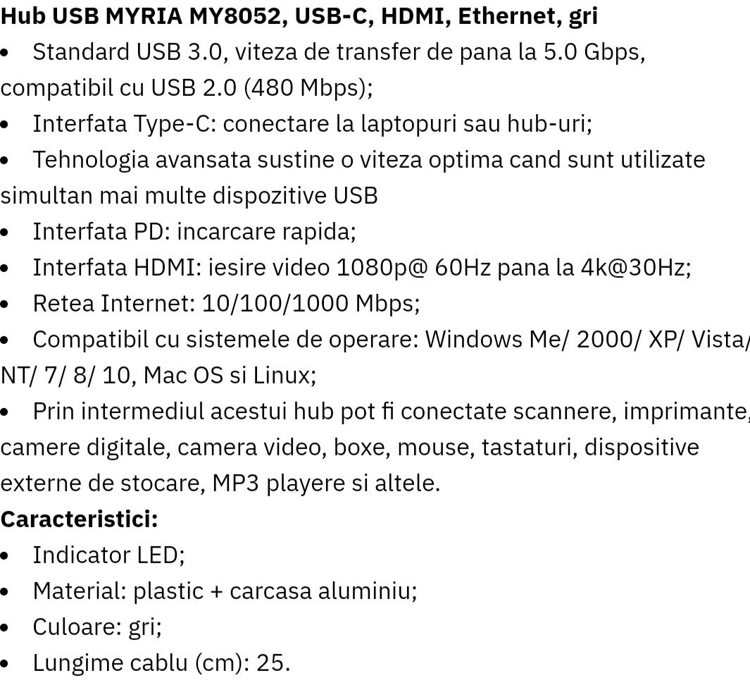 Vând Hub USB MYRIA MY8052, USB-C, HDMI, Ethernet, gri