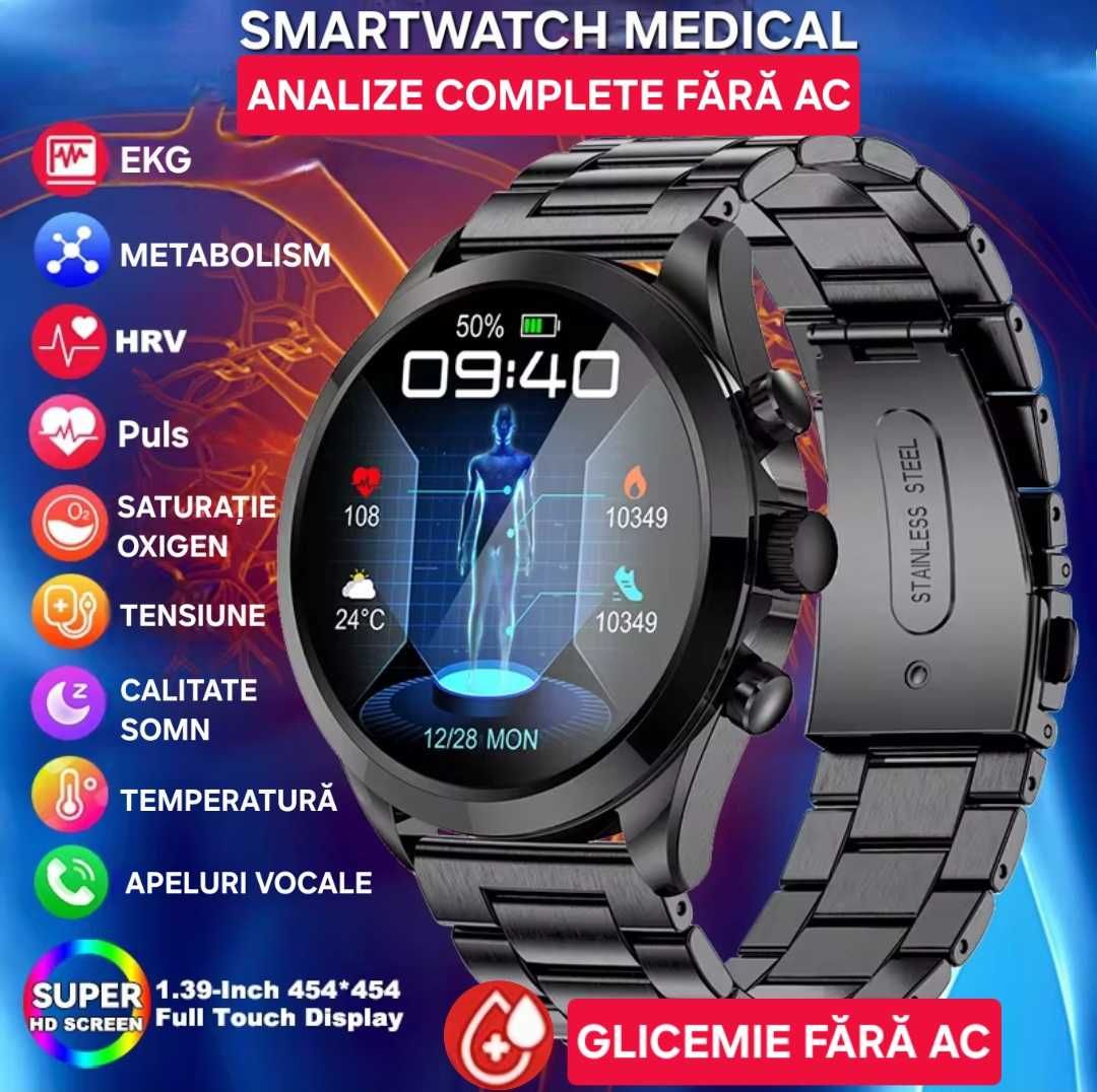 Smartwatch Medical: Glicemie/Inimă. EKG/PPG. Temperatura/Tensiune 5ATM
