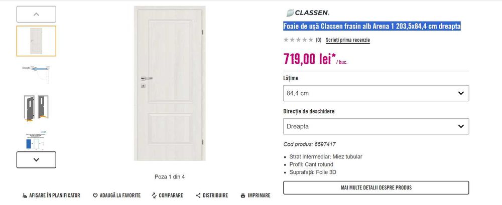 Foaie de ușă Classen frasin alb Arena 1 203,5x84,4 cm dreapta - 500lei