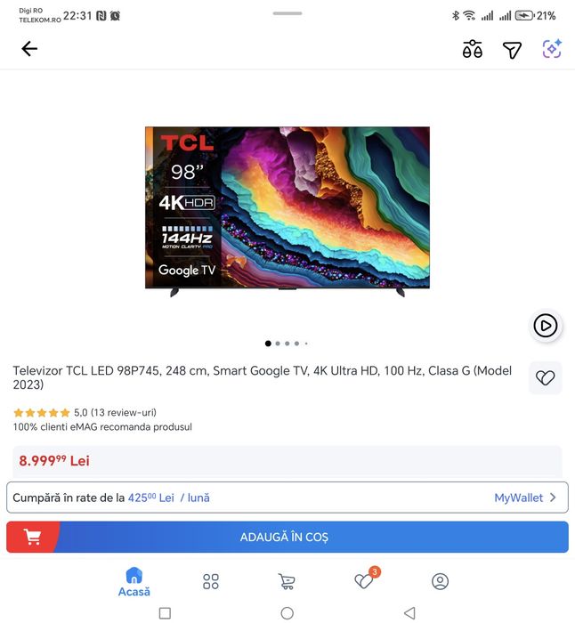Televizor TCL cinema - 248 cm, Smart Google TV, 4K Ultra HD, 100 Hz