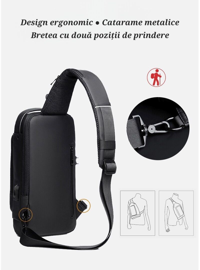 Borsetă Antifurt cu Cifru. Spațioasă/Multe buzunare. Mufa&Cablu USB.