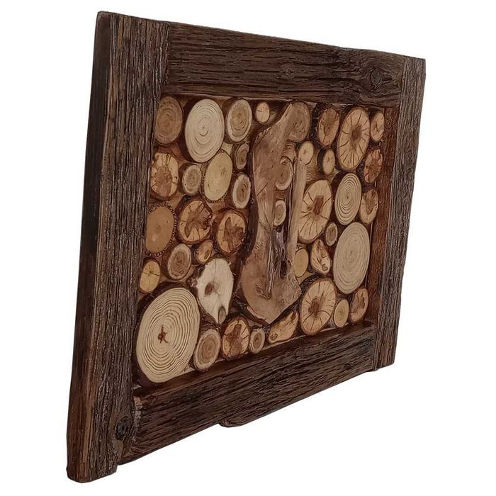 Tablou rustic handmade din rondele de lemn, rama arsa, lacuita