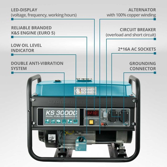 Generator Curent pe Gaz/Benzina „Könner & Söhnen” KS 3000G, Putere 3kW