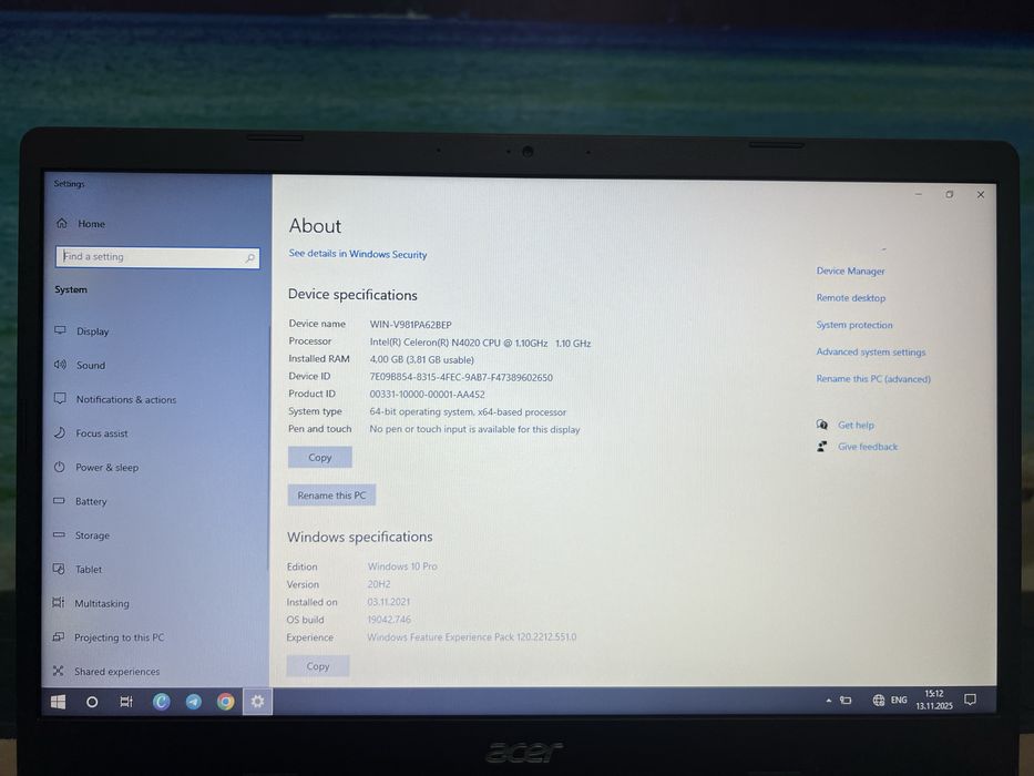 Acer Aspire 3 intel office uchun rasmda hamma xaraktrestika korsatilga