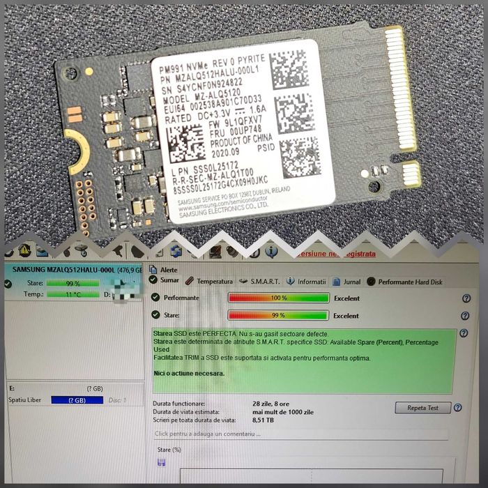 Ssd 512GB Samsung Nvme Pm991 M.2 2242 42mm MZALQ512HALU testat 28zile